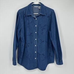 Vintage Cabin Creek Shirt Womens Large Blue Denim Embroidered Floral Buttons